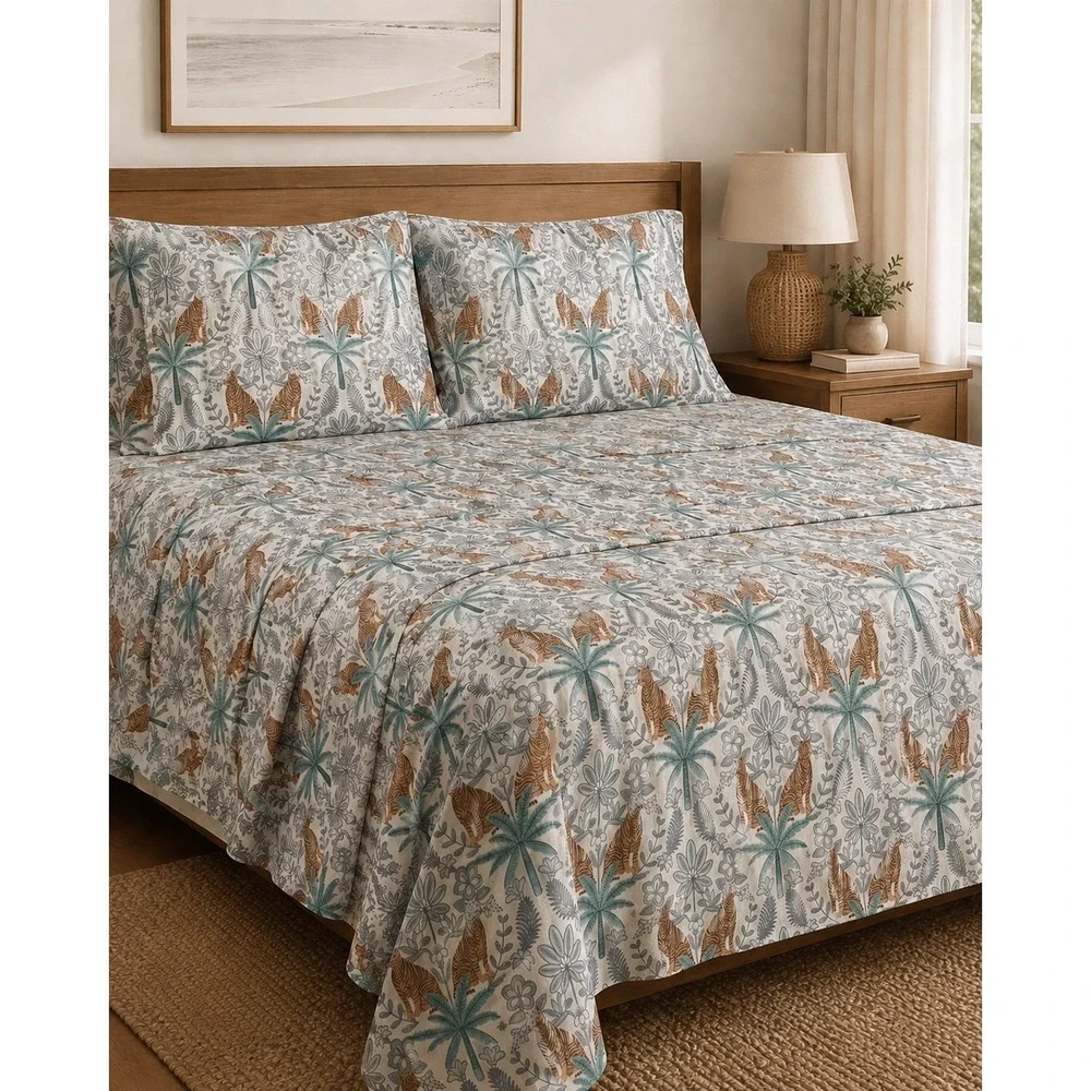 House of Verdi Tiger Palm Tree Jungle Print King Sheet Set Boho Bungalow